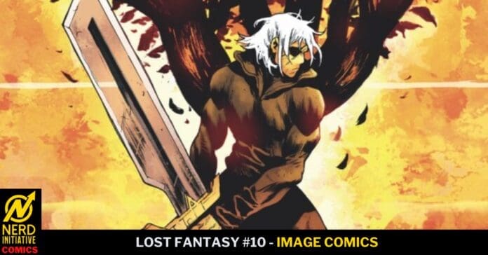 Comic book cover: a muscular figure with white hair wields a massive sword against a fiery orange background, logo bottom left reads Nerd Initiative Comics.