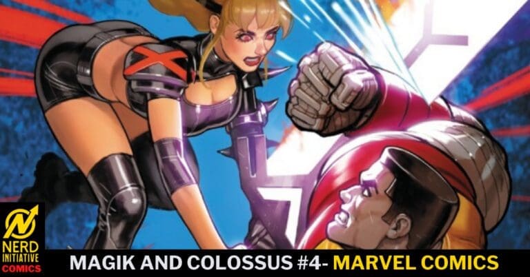 Comic cover of Magik and Colossus #4: Magik lunges toward Colossus in mid-battle, bright blue background and title bar at bottom.