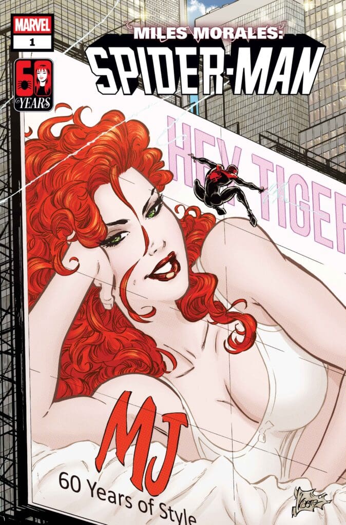 Comic book cover for Miles Morales: Spider-Man showing Spider-Man swinging above a giant billboard portrait of a red-haired woman in a cityscape; includes '60 Years of Style' text.