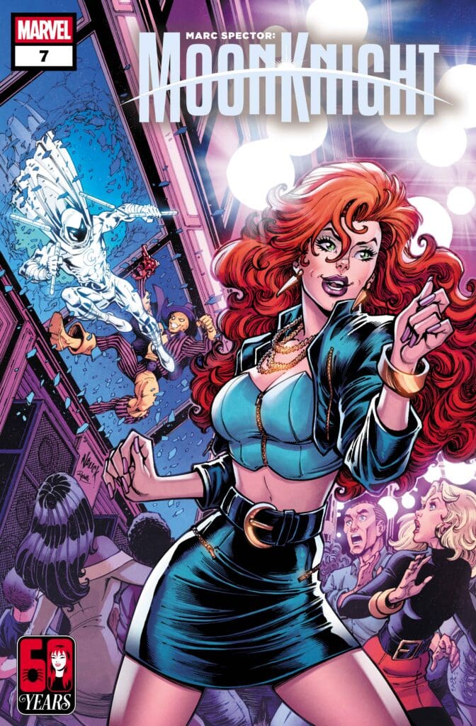 Moon Knight #7 cover: red-haired woman in a blue outfit foreground, Moon Knight leaping through a shattered doorway on the left, crowd behind them.