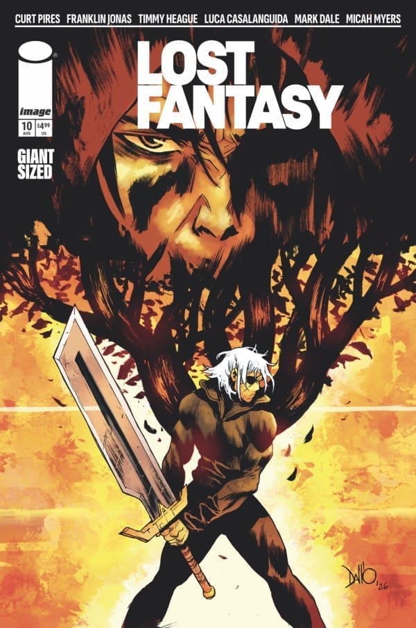 Cover of Lost Fantasy issue 10: a muscular, white-haired warrior in brown, wielding a large sword, stands before a blazing orange tree background.