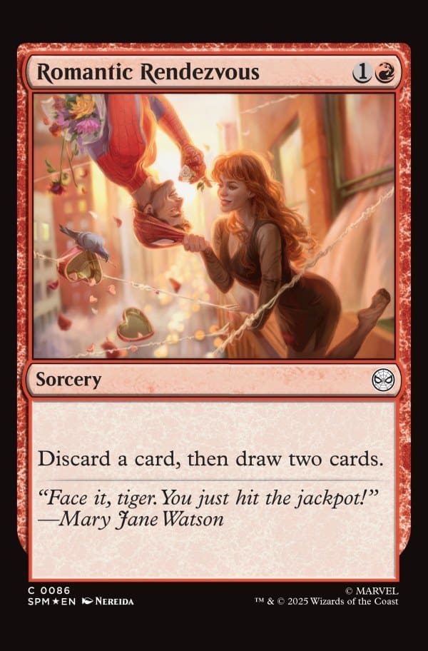 "Romantic Rendezvous"—a red-m bordered Magic: The Gathering card showing two people sharing a kiss on a sunlit city street; red mana symbol and 'Sorcery' type at top; card text reads 'Discard a card, then draw two cards' with flavor line 'Face it, tiger. You just hit the jackpot!' — Mary Jane Watson.