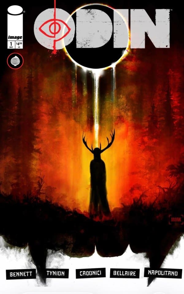 Comic book cover: a dark stag with antlers stands in a fiery forest beneath a black sun with ODIN in large letters above.