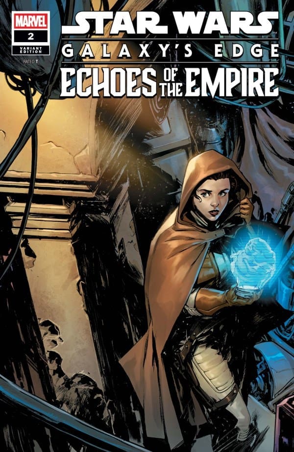 Comic cover: Star Wars Galaxy's Edge—Echoes of the Empire #2, a hooded woman with a glowing blue hologram in a ruined corridor.