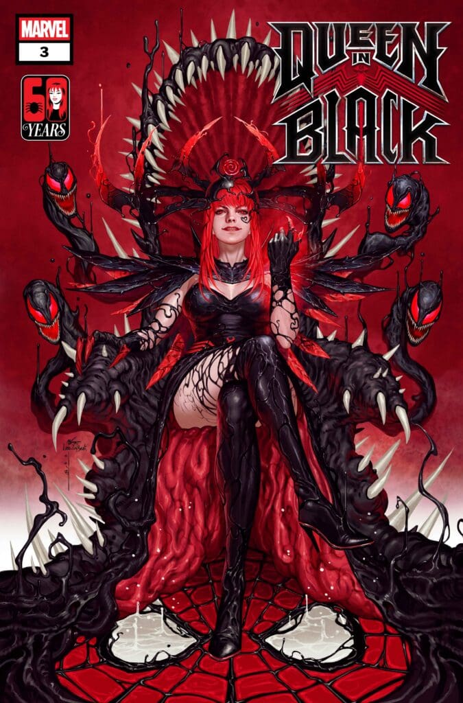 A dark, red-and-black fantasy cover featuring a woman in black armor seated on a colossal, spiked creature with tendrils surrounding her; Spider-like monsters emerge around her.