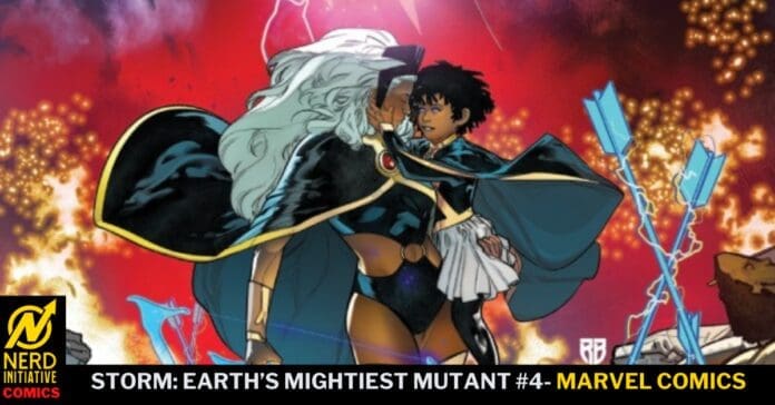 Comic book cover: two female superheroes embrace amid a fiery, explosive background; Storm with white hair in dark costume and cape holds a partner tightly.