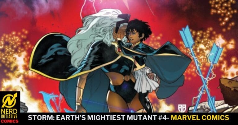 Comic book cover: two female superheroes embrace amid a fiery, explosive background; Storm with white hair in dark costume and cape holds a partner tightly.
