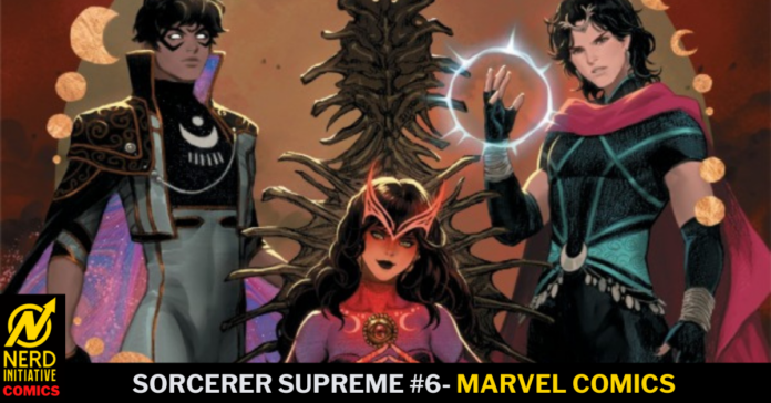 Comic cover featuring three sorcerers: a central red-clad enchantress with a glowing halo, flanked by a armored male and a mage with a glowing ring, against a celestial background.
