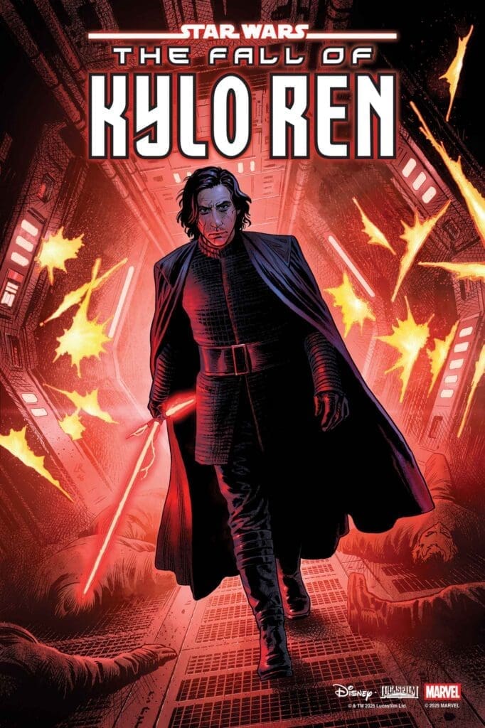 Comic cover: Kylo Ren walks through a fiery corridor, red lightsaber drawn, with 'Star Wars: The Fall of Kylo Ren' title above.