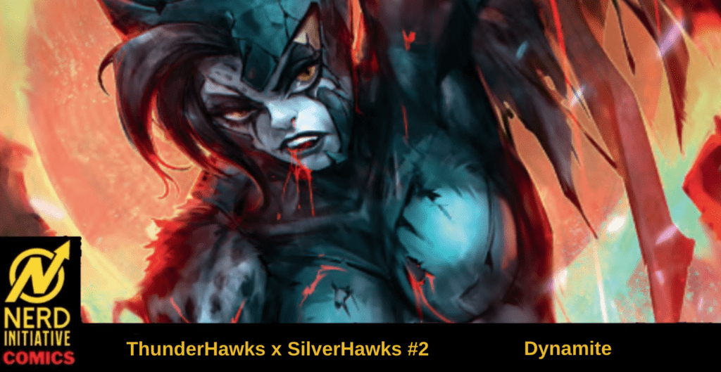 Comic book cover: ThunderHawks x SilverHawks #2 by Dynamite, featuring a blue-gray winged figure with red accents amid fiery background; Nerd Initiative logo bottom left.