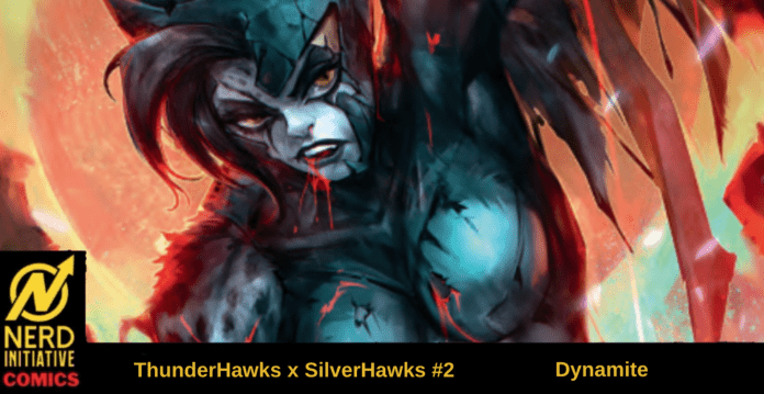 Comic book cover: ThunderHawks x SilverHawks #2 by Dynamite, featuring a blue-gray winged figure with red accents amid fiery background; Nerd Initiative logo bottom left.