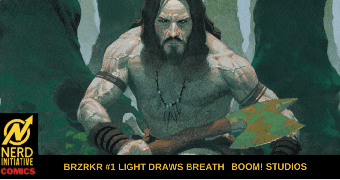 Banner showing a muscular, bearded warrior with a large axe in a green forest setting; Nerd Initiative Comics logo bottom-left and bold yellow title text on a black bar across the bottom.