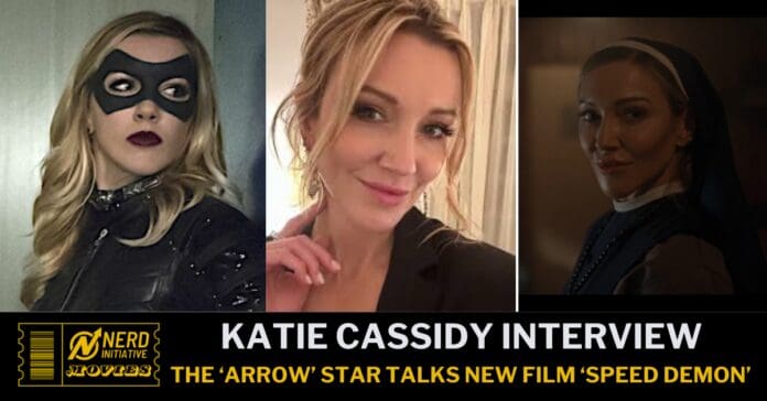 Promotional banner collage for an interview about a new film: left a masked woman, center a smiling woman, right a nun, with bold bottom captions about the interview and Speed Demon.