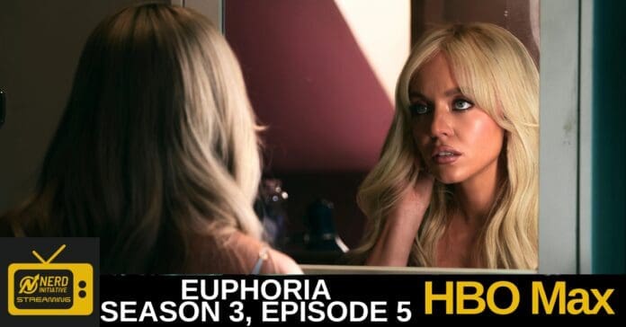 Blonde woman in a dressing room looks into a mirror; banner text reads 'Euphoria Season 3, Episode 5' and 'HBO Max' with Nerd Initiative logo in the corner.
