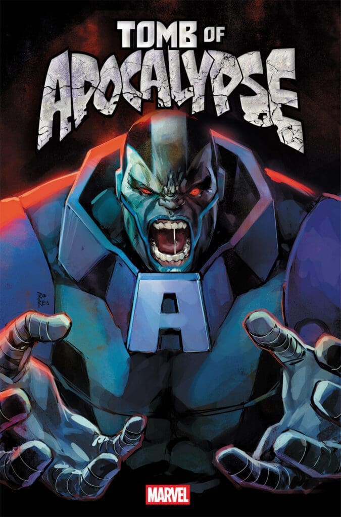Comic book cover: Apocalypse roaring with outstretched blue armor and a prominent 'A' on chest; Marvel logo at bottom; title 'Tomb of Apocalypse' above.
