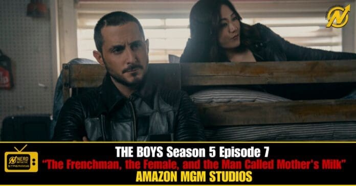 Promo thumbnail for The Boys Season 5 Episode 7, with two characters in a dim room and a bunk bed; banner reads 'The Boys Season 5 Episode 7' and 'Amazon MGM Studios'.