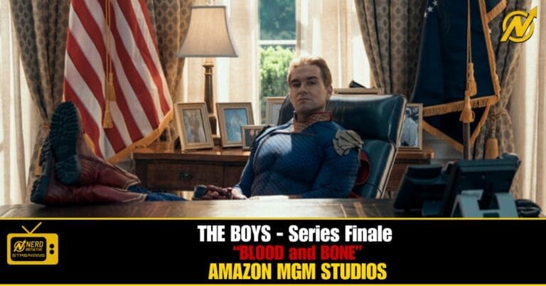 Promotional banner: a superhero in a blue suit sits in a large office chair with an American flag in the background, framing 'The Boys' finale banner at bottom.
