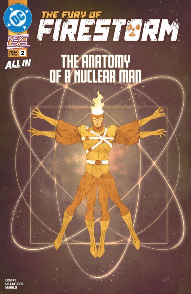 Cover art for Firestorm: The Anatomy of a Nuclear Man, featuring a fiery-headed superhero in an orange suit surrounded by glowing atomic orbit lines.