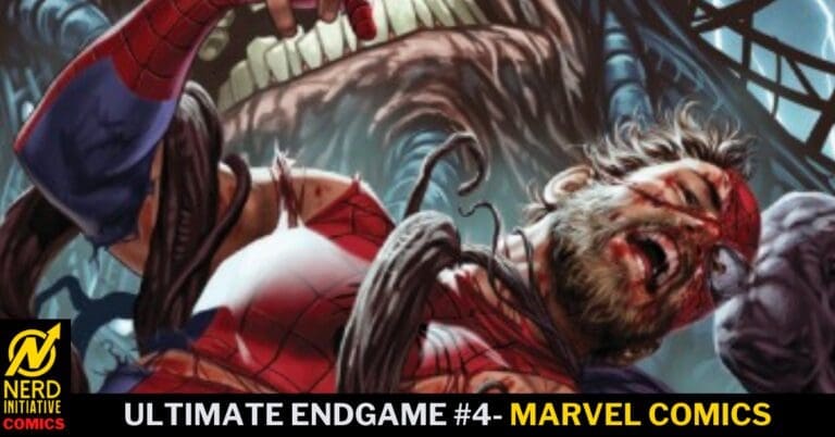 Comic book cover: Spider-Man fights a monster, bloodied and battered, with the title 'Ultimate Endgame #4 - Marvel Comics' and Nerd Initiative Comics logo bottom-left.