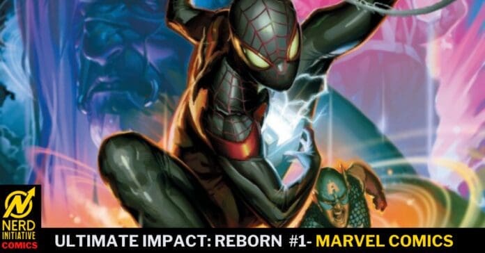 Comic cover featuring Spider-Man in a black suit leaping forward with electric energy; title reads 'Ultimate Impact: Reborn #1' from Marvel Comics, Nerd Initiative Comics logo bottom left.