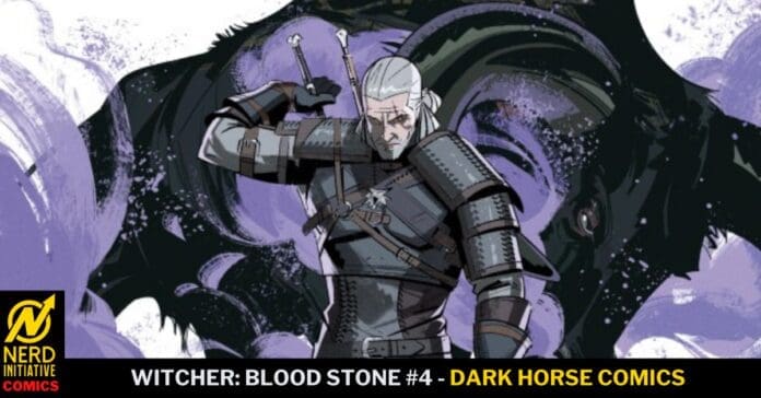 Geralt of Rivia in armor with two swords, standing before a dark horse silhouette amid a purple, magical backdrop; cover art for Witcher: Blood Stone #4 (Dark Horse Comics).