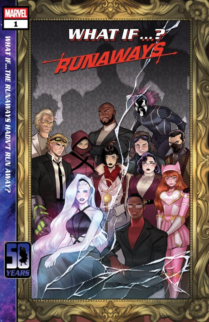 Marvel What If... ? Runaways cover: a diverse group of heroes posed together inside an ornate gold frame, with the title at the top reading 'WHAT IF... ? RUNAWAYS' and a Marvel logo nearby.