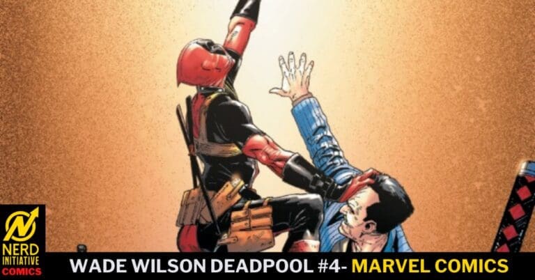 Deadpool-style fighter punching a man in a blue striped shirt on a Marvel Comics cover with Nerd Initiative logo at the corner.