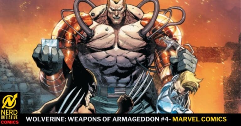Comic book cover: a gigantic armored villain with tentacle-like cables towers over Wolverine and another X‑Man on a fiery battlefield, with Nerd Initiative logo and title Marvel Comics.