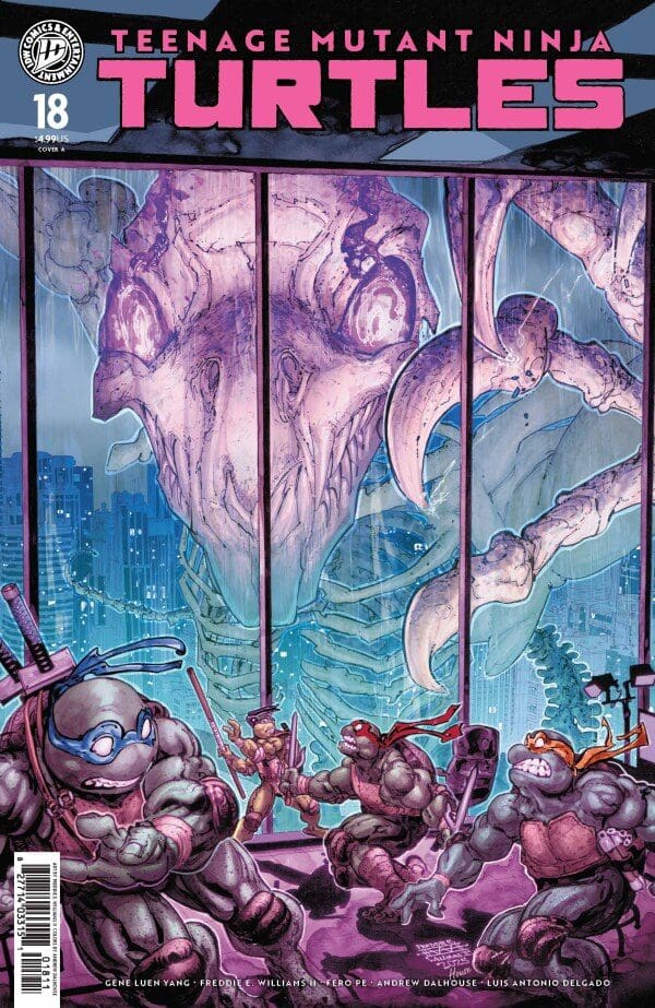 Cover of Teenage Mutant Ninja Turtles issue 18: four turtles with weapons crouch in a neon-lit room as a gigantic purple creature looms outside the glass walls.