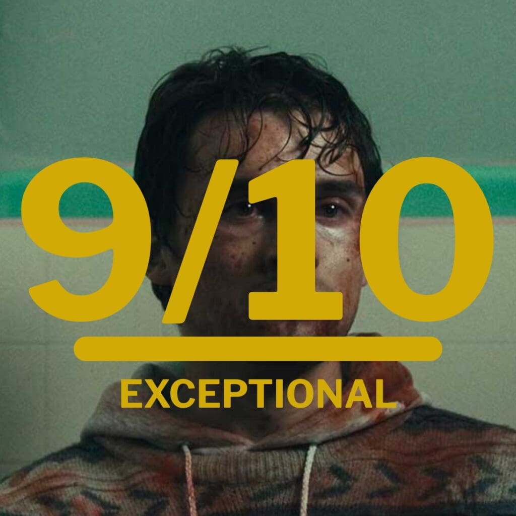 Portrait of a bruised young man with a bold yellow '9/10' rating and the word 'EXCEPTIONAL' overlay, implying a high rating or praise.
