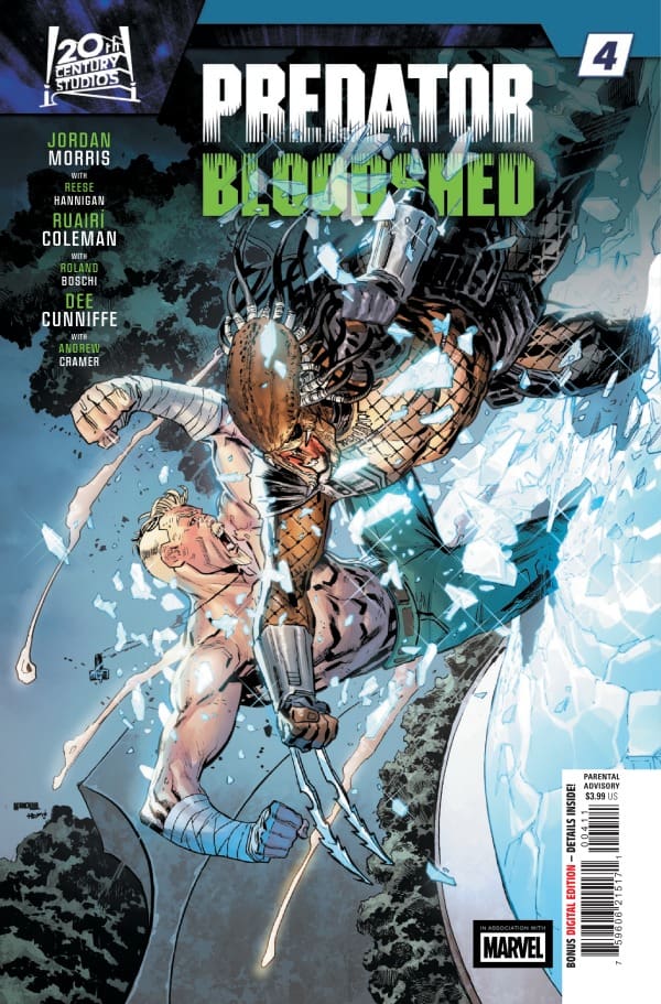 Comic book cover: Predator grappling with a muscular human amid ice shards, title 'Predator: Blooded,' issue 4 badge at top-right, Marvel logo bottom-right.