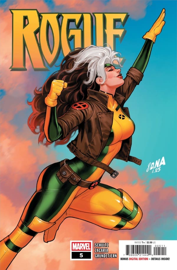 Comic book cover featuring Rogue leaping upward in yellow-green suit with brown jacket and orange gloves, 'ROGUE' title above.