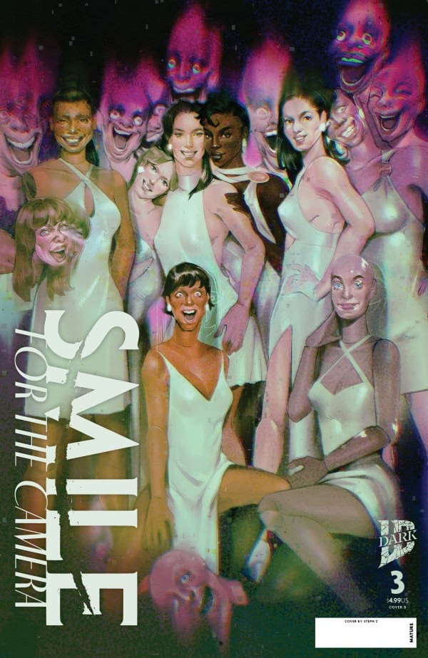 Magazine cover showing a group of women in white dresses posing together in a surreal club-like scene, with pink alien figures in the background.
