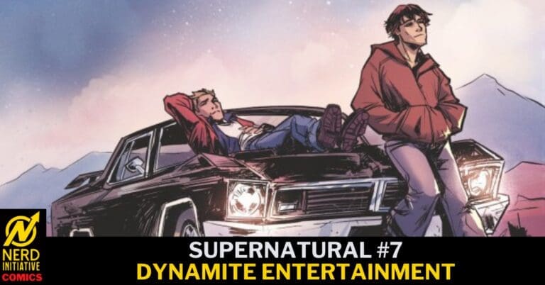 Comic book cover for Supernatural #7 from Dynamite Entertainment, featuring two men leaning on a vintage black car in a desert landscape with a pastel sky and mountains in the background.