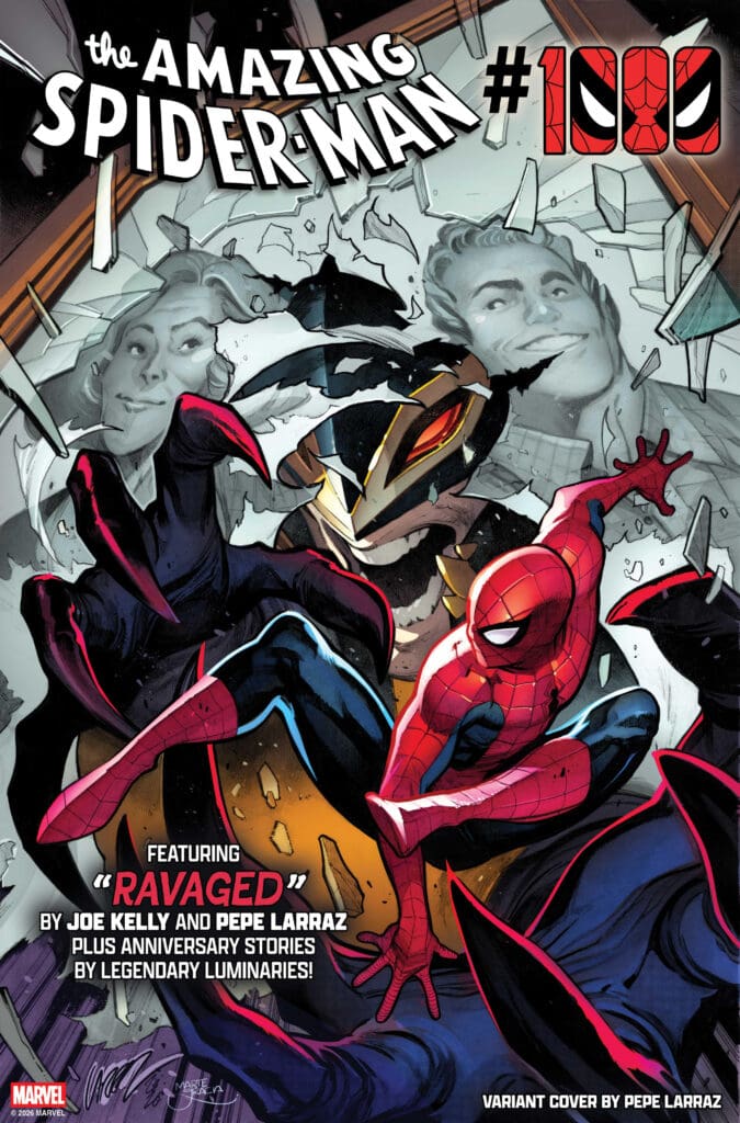 Comic book cover: Spider-Man in red-and-blue suit in foreground with a gold-and-black armored hero erupting through shattered glass; shows title The Amazing Spider-Man #100.