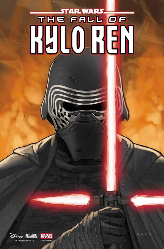 Comic book cover for Star Wars: The Fall of Kylo Ren, showing a helmeted figure with a red lightsaber and flames in the background.