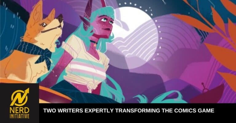 Vibrant fantasy illustration of two characters looking upward in a colorful, moonlit landscape for a Nerd Initiative article header.