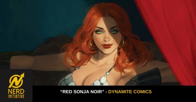 Promotional banner for Red Sonja Noir by Dynamite Comics, featuring a red-haired woman with green eyes in a plunging outfit against a dark background and red curtain.
