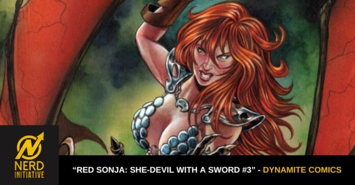 Comic book cover with Red Sonja, long red hair in silver/blue armor, striking pose; Nerd Initiative logo bottom left and the title text along the bottom banner.