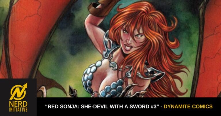 Comic book cover with Red Sonja, long red hair in silver/blue armor, striking pose; Nerd Initiative logo bottom left and the title text along the bottom banner.