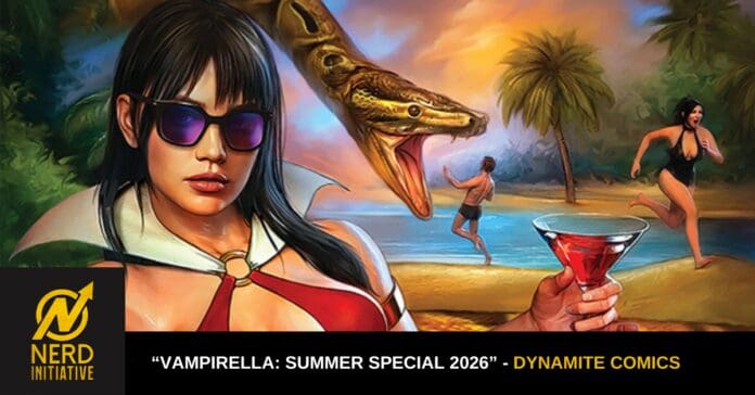 Comic-style beach cover: woman in sunglasses in foreground, a large dinosaur looming behind, with a cocktail and beachgoers in the background; Nerd Initiative logo visible.