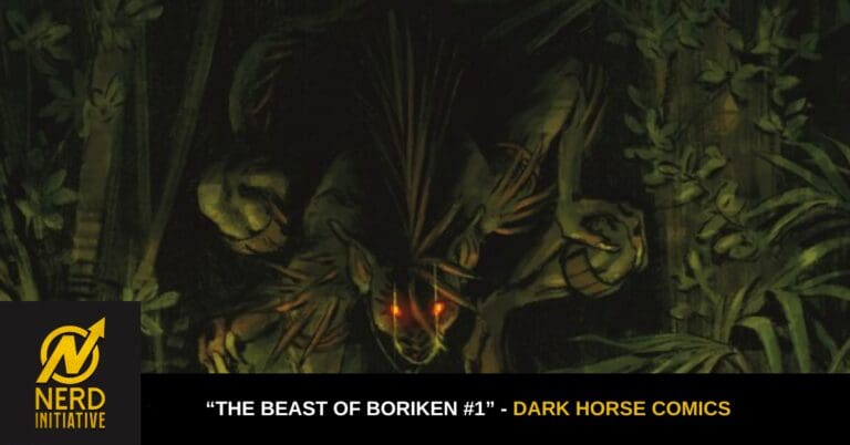 Dark jungle at night with glowing orange eyes peering through leaves; banner reads 'The Beast of Boriken #1' (Dark Horse Comics).