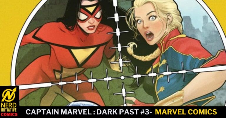 Comic book cover art: Captain Marvel and Spider-Woman seen through a sniper scope crosshair.