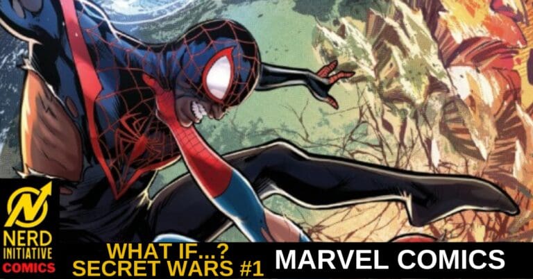Thumbnail of a Marvel comic cover: two Spider-Men fighting in a jungle setting, with overlays reading "What If...? Secret Wars #1" and "MARVEL COMICS" alongside a Nerd Initiative logo.