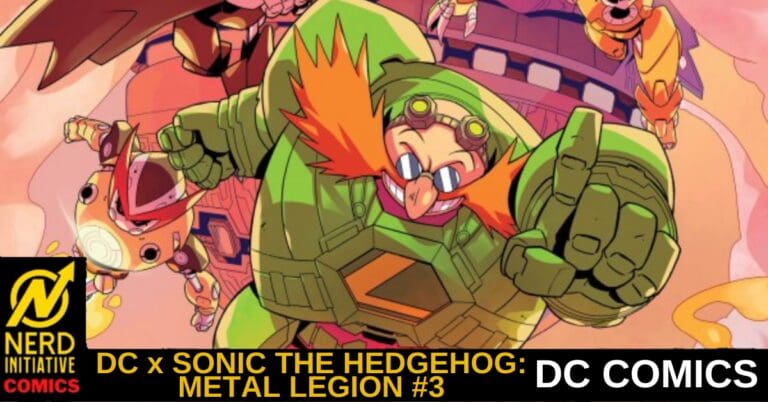 Comic banner for DC x Sonic the Hedgehog: Metal Legion #3, featuring a green armored hero charging forward with logos for Nerd Initiative and DC Comics.
