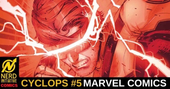 Comic book cover showing Cyclops with red energy blasts, intense expression, Marvel Comics banner at bottom. Nerd Initiative Comics logo on lower-left corner.