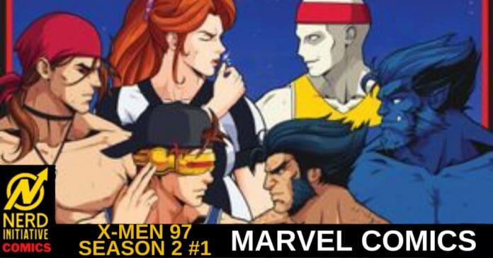 X-Men 97 Season 2 #1 cover with a group of mutants in colorful costumes posing on a blue background (Marvel Comics).