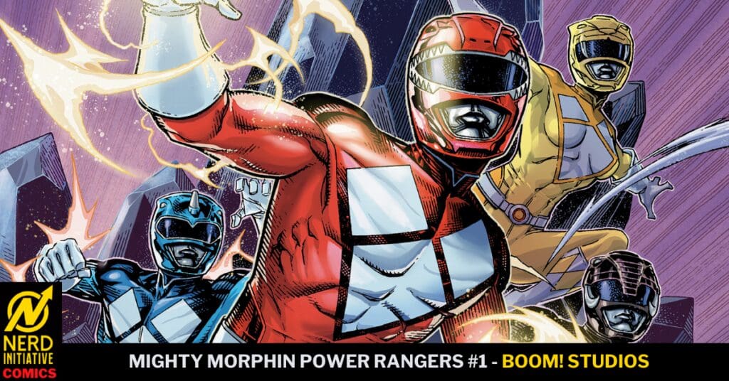 Comic book cover: Red Ranger leads a team of Power Rangers in dynamic action with lightning and cityscape backdrop, Boom! Studios branding visible