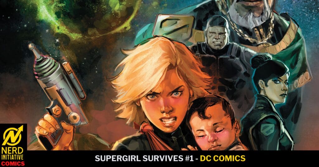 Comic-style cover: a fierce blonde woman holding a baby and a futuristic pistol, with space-bg and armored figures behind her; logo bottom-left says NERD Initiative.