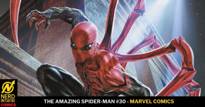 Spider-Man with extra long arms leaping along a brick rooftop; cover art for The Amazing Spider-Man #30 (Marvel Comics). Nerd Initiative Comics logo in the corner.